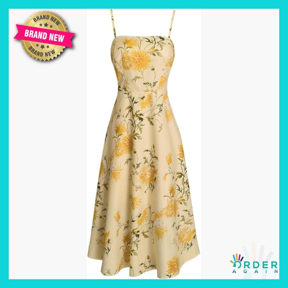 Spaghetti Strap Floral Midi Sundress Shirred Square Neck Casual Elegant